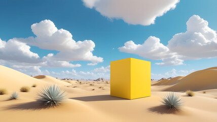 3D, Surreal desert landscape with Yellow box and white clouds on blue sky