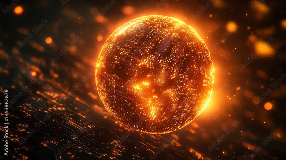 Poster 3d render depicts a glowing sphere covered in circuit board patterns, surrounded by sparks and light
