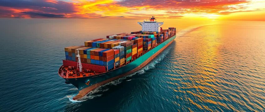 Container ship cargo ship ocean sea sunset shipping transportation freight water sky colorful industry vessel maritime container horizon travel trade logistics large commercial blue orange clouds
