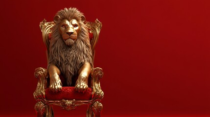 3D render of a majestic golden lion seated regally on a ornate red chair.