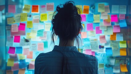 Woman contemplating a wall of sticky notes