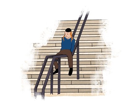 Illustration of an Orthodox Jewish boy with payot sliding down a railing on outdoor stairs. Hand-drawn digital art with soft textures and a playful urban scene.