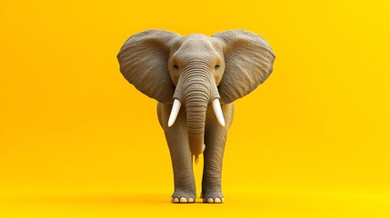 Obraz premium 3D render of an elephant standing upright on a yellow background, showcasing its large ears and tusks.