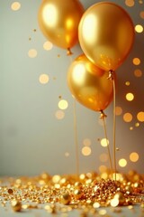 Golden balloons float against shimmering glitter backdrop, glamorous, metallic, golden