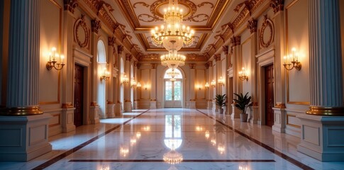 Fototapeta premium Opulent grand hall, crystal chandeliers, marble floors, chandelier, architecture design, formal