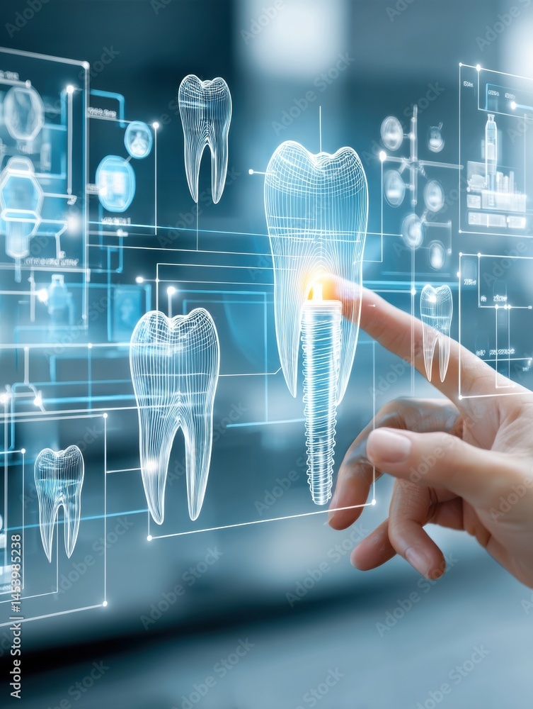 Aufkleber dentist interacts with a virtual holographic implant design in a modern dental practice environment 