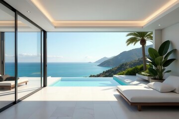 Fototapeta premium Sleek coastal residence, sun-drenched patio overlooking the sea, blue, sunset