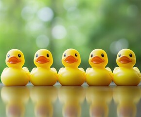 Yellow rubber ducks in a row, with space for copying