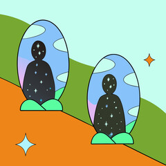Dreamlike landscape featuring two silhouettes filled with stars inside of egg-shaped outlines.