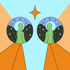 Groovy retro illustration with mirrored figures, a star, and colorful geometric shapes. Psychedelic art.
