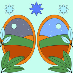 Stylized landscape with day and night scenes framed by oval borders, leaves, and star accents.