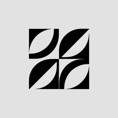 Abstract geometric pattern with black and light gray curved shapes arranged in a square grid