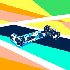 Isometric stylized image of exercise equipment in a dynamic, geometrically abstract setting.