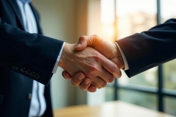 Two professionals shaking hands, concluding a deal, light, sales, strong