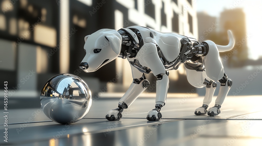 Poster 3d render depicts a robotic dog examining a reflective silver sphere on a polished floor with a blur