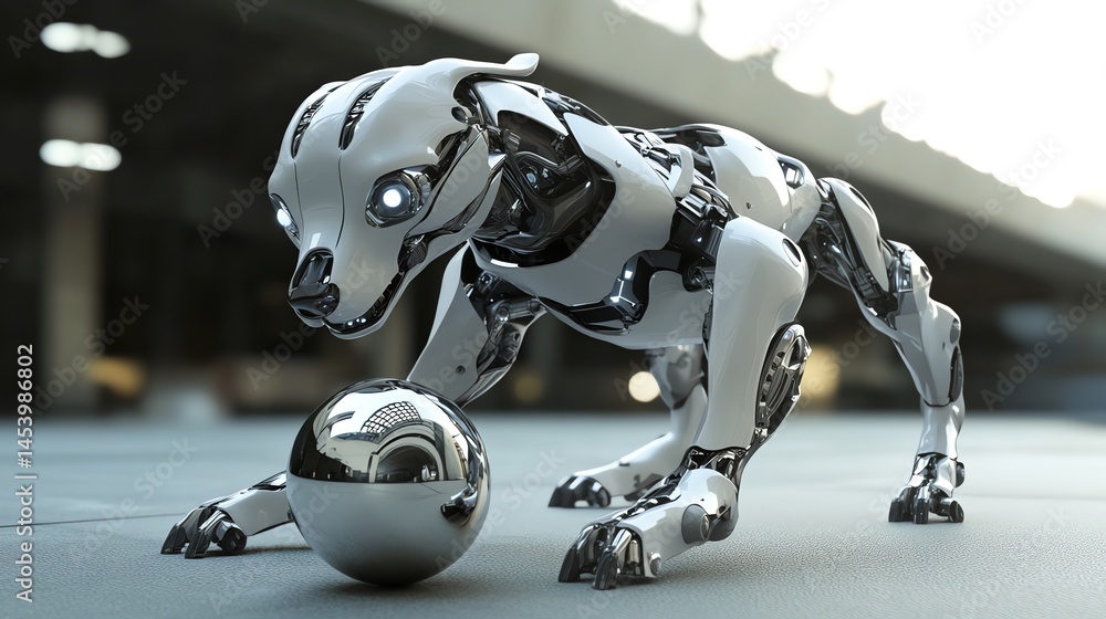 Poster 3d render of a robotic dog with metallic grey and silver features, crouching with a reflective spher