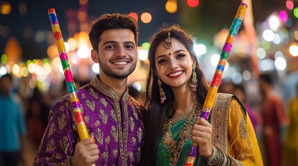 Joyful couple holding colorful dandiya sticks