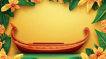 Tropical Boat with Leaves and Flowers on Yellow Background