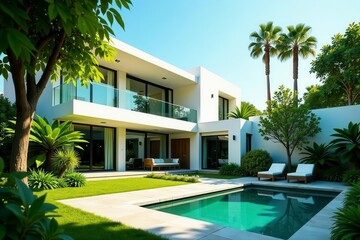 Fototapeta premium Bright white house, lush green courtyard oasis , courtyard, plants, simple