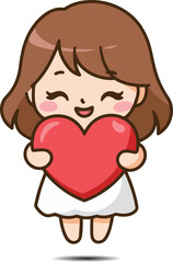 cute cartoon girl holding a red heart icon vector illustration