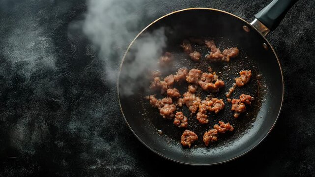 frying pan with meat, black pan, butter, mushroom, cheese, paella, steak, vegetable, squid, egg omelette, chicken, shrimp, oil, beef, pork, sausage