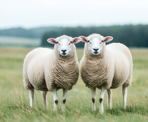 Fototapeta premium Two white Texel sheep, a muscular breed of domestic sheep