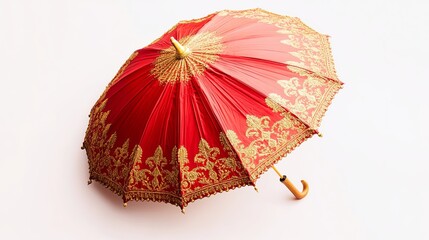 Red and Gold Indian Decorative Umbrella Against Clean Background