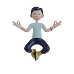 3d render man character posing and gestures of yoga while floating
