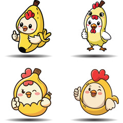 Cute chicken in banana costumes icon vector illustration
