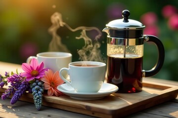 Rustic wood tray, French press, steaming mugs, wildflowers , home, caffeine