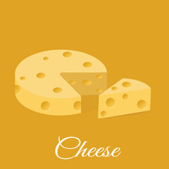 A stylized vector illustration of a classic round cheese wheel with a triangular slice removed, showing typical holes associated with Swiss or Emmental cheese.