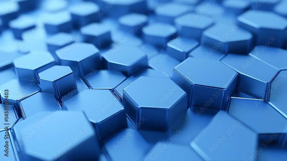 Poster 3d render of numerous, glossy blue hexagons arranged in a dense, overlapping pattern.
