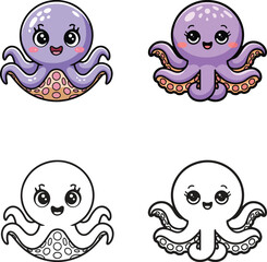 Collection of Cute Cartoon Octopus Vector Icon Illustrations Design Concept