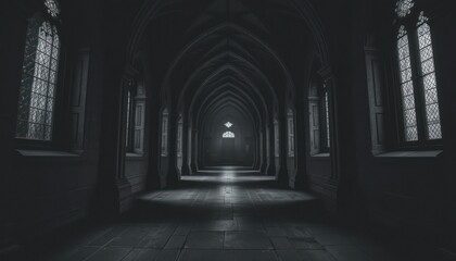 Fototapeta premium Mysterious Dark Gothic Hallway: A Monochromatic Journey Through Time