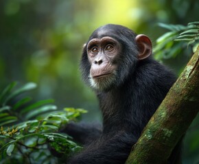 Chimpanzee, Pan troglodytes. Monkey in its natural habitat