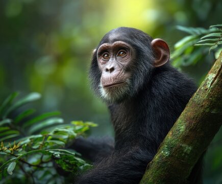 Chimpanzee, Pan troglodytes. Monkey in its natural habitat