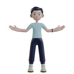 3d render man character pose with both hands are open at the side gesture