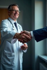 Doctor shakes hands with executive, sealing deal , collaboration, partnership