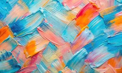 Abstract pale creamy pastel color contemporary oil paint brushstrokes texture pattern painting wallpaper background, art painting. Light blue, pink, orange backdrop