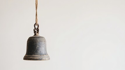 Small Temple Bell Hanging on Plain Light Background