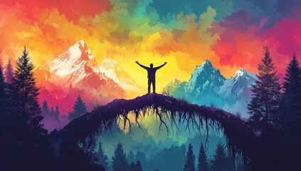 Obraz premium Man stands atop a vibrant mountain root bridge, arms outstretched, embracing a colorful landscape