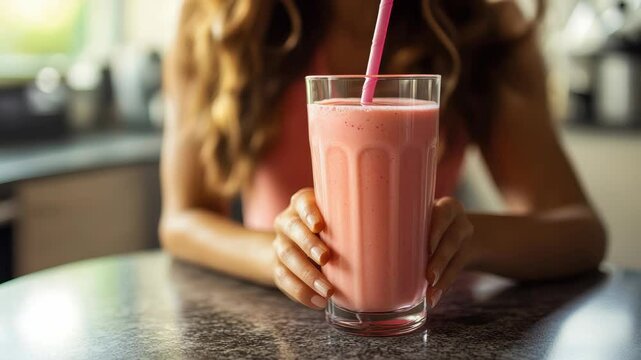 Sporty young woman in white sportswear holding a fresh protein shake with mint leaves, standing in a bright home interior, promoting healthy lifestyle, fitness nutrition, and wellness habits