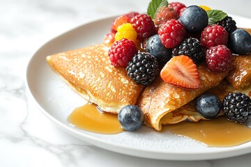 A sweet and indulgent brunch appearance featuring freshly made crepes topped with vibrant berries and syrup, captured on a white plate against a marble backdrop.