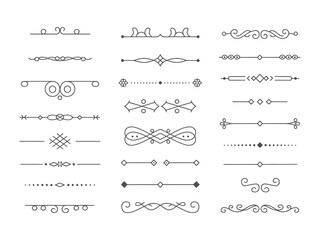 Black line dividers and decorative separators in a range of styles, ideal for invitations, banners, and web design projects with a clean, white background


