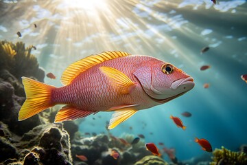 Fototapeta premium A pink and yellow fish swims in the ocean with sunlight shining through the water above the coral reef