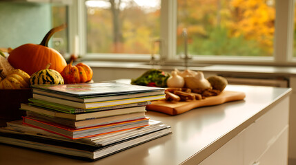 Fototapeta premium Autumn Kitchen Still Life with Pumpkins and Recipe Books