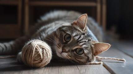 Photograph of a gray tabby cat playfully interacting with a yarn ball on a wooden floor.
