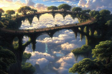 Fototapeta premium Arched bridge above clouds, surrounded by trees, leads to magical destinations in a fantasy setting