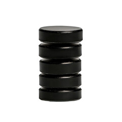 Stack of six black hockey pucks arranged vertically on transparent background for sports equipment, game, training, competition, and athletic activity concepts.