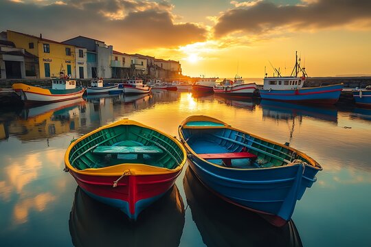 A tranquil fishing village at sunrise, where colorful boats bob gently in the harbor, creating a picturesque scene that captures the essence of coastal life.